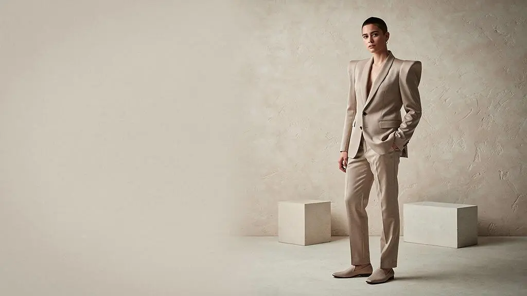 Persona con un blazer de hombros marcados combinado con básicos neutros, representando el equilibrio entre alta costura y moda accesible