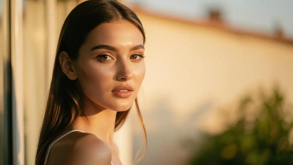 Mujer con piel radiante y base de maquillaje impecable bajo luz cálida de verano, sin brillos ni oxidación