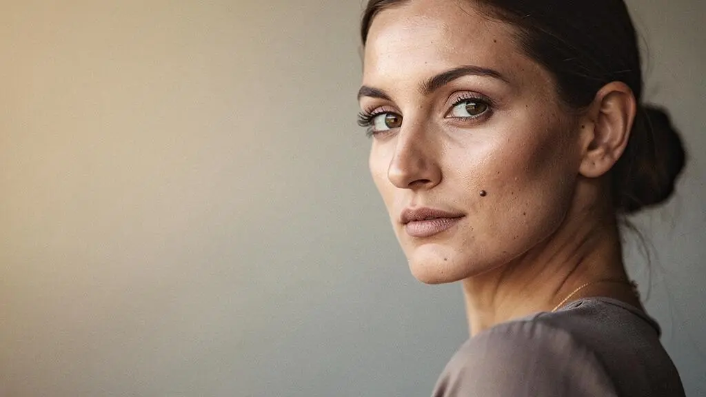 Retrato editorial de una mujer con rasgos faciales únicos y asimétricos iluminados de forma natural, celebrando la individualidad