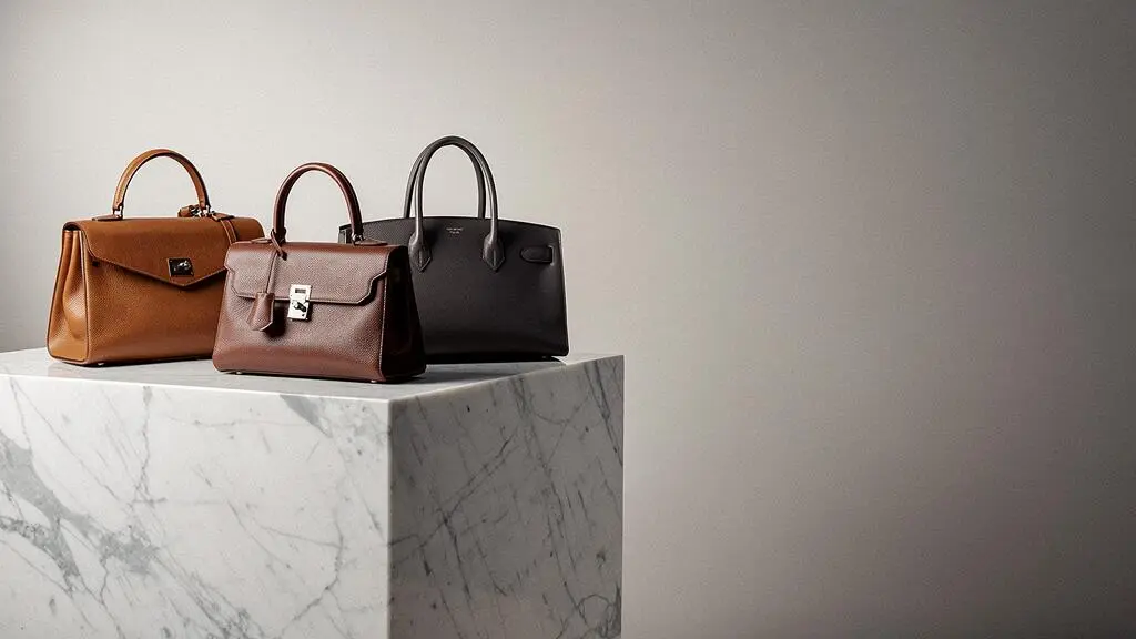Composición editorial de bolsos de diseño de lujo dispuestos como una colección de valor, simbolizando la inversión en moda