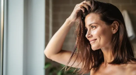 Mujer con cabello brillante y saludable tras un lavado sin sulfatos, con luz natural suave
