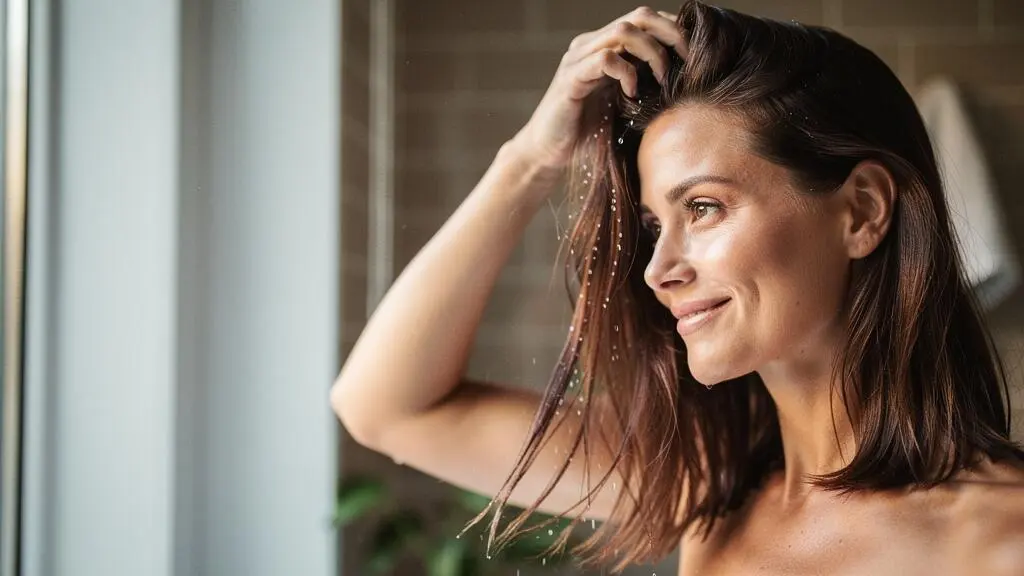 Mujer con cabello brillante y saludable tras un lavado sin sulfatos, con luz natural suave