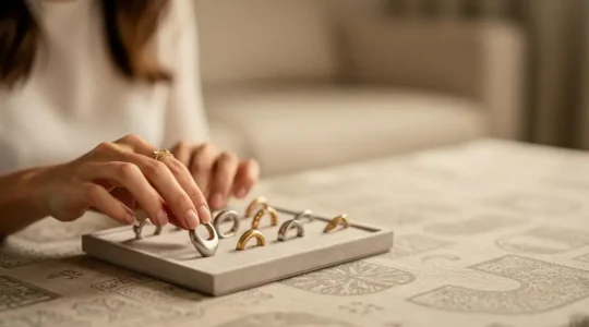 Mujer eligiendo con intención una joya de una selección curada y coherente de piezas, reflejo de una identidad de estilo definida