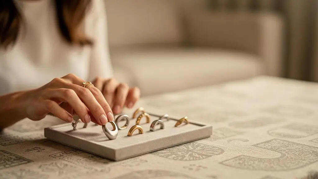 Mujer eligiendo con intención una joya de una selección curada y coherente de piezas, reflejo de una identidad de estilo definida
