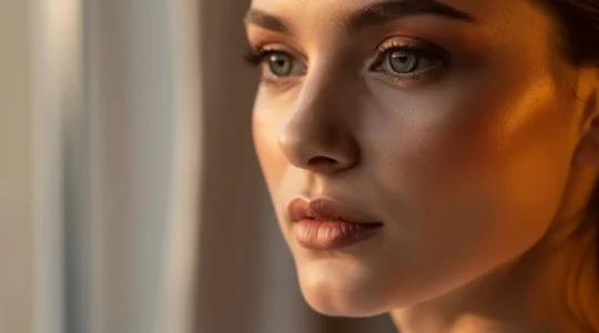 Mujer de perfil con luz natural iluminando su pomulo, mostrando la zona ideal para aplicar colorete de forma natural