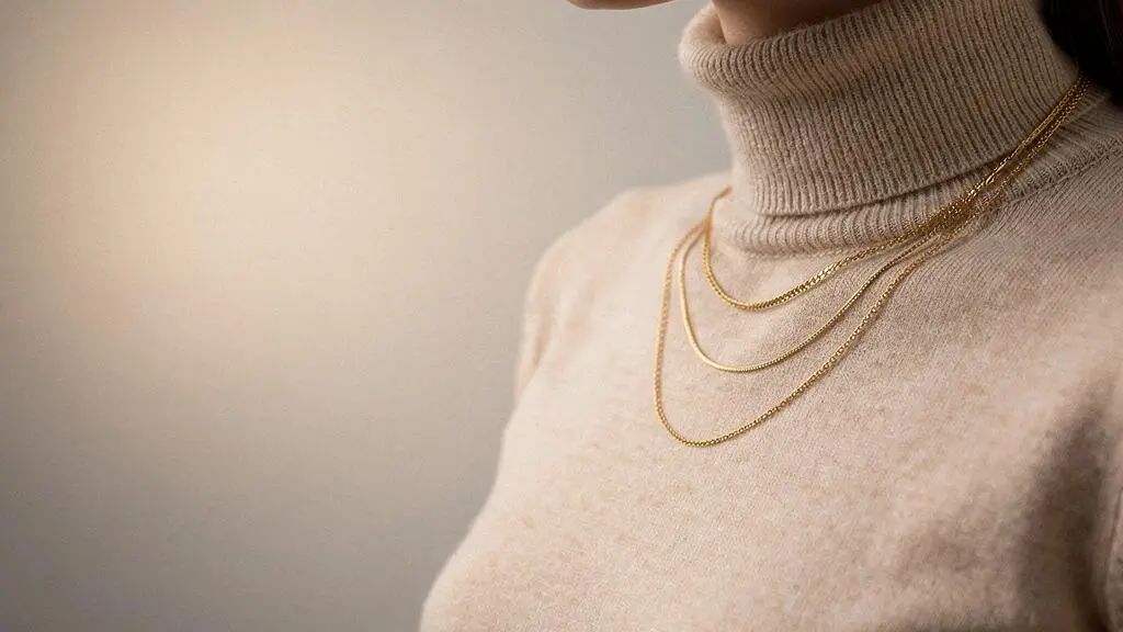Mujer luciendo un elegante layering de collares de distintas longitudes sobre un jersey de cuello alto, con espacio negativo alrededor