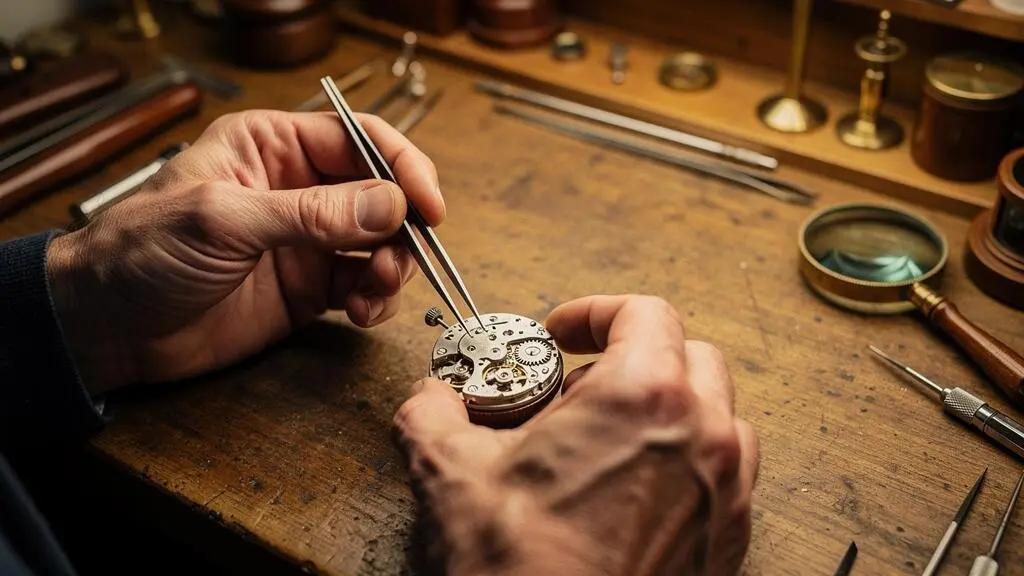 Manos de un maestro relojero ensamblando con precision el movimiento de un reloj suizo de alta gama