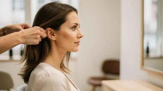 Mujer de perfil observando su rostro en un espejo mientras un estilista sostiene mechones de cabello, ilustrando el análisis de proporciones faciales antes de un corte.