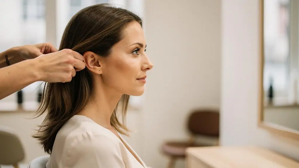 Mujer de perfil observando su rostro en un espejo mientras un estilista sostiene mechones de cabello, ilustrando el análisis de proporciones faciales antes de un corte.