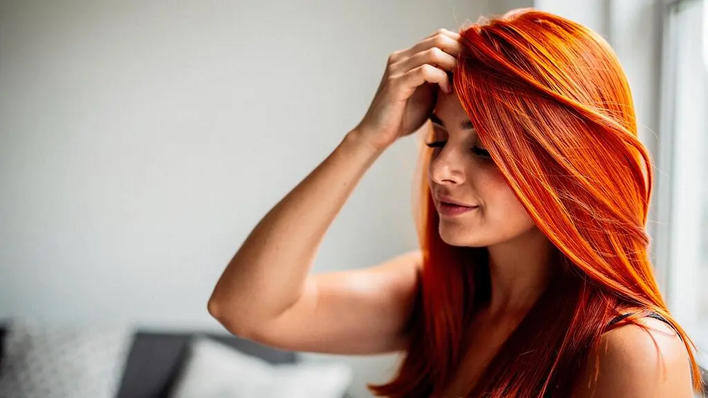 Mujer con cabello recien tenido de color vibrante bajo luz natural, simbolo del cuidado post-tinte