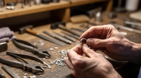 Manos de una artesana joyera puliendo una pieza única de plata sobre una mesa de trabajo minimalista, con luz natural lateral