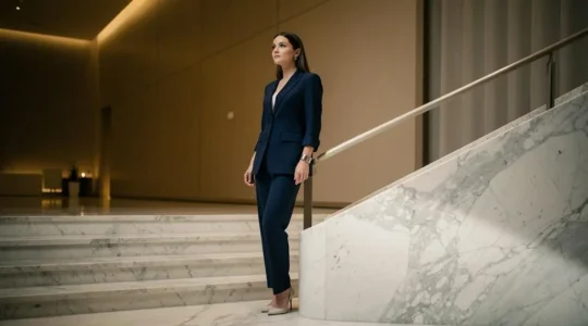 Silueta femenina con traje sastre fluido y joya minimalista en un entorno editorial de gala, transmitiendo elegancia moderna