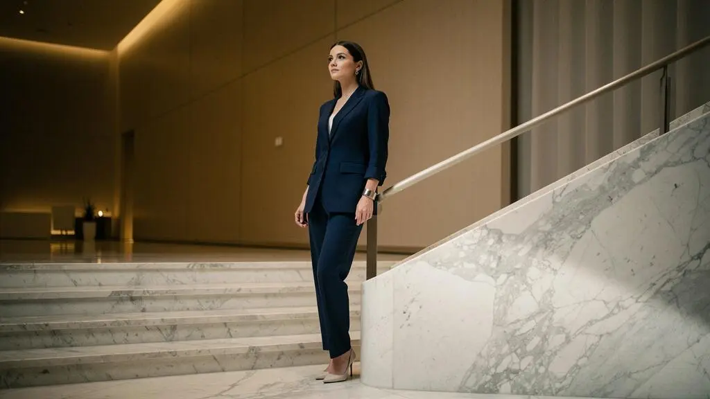Silueta femenina con traje sastre fluido y joya minimalista en un entorno editorial de gala, transmitiendo elegancia moderna