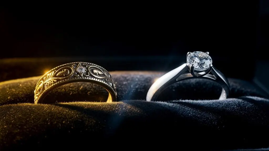 Composicion simbolica que contrasta una joya antigua y una joya moderna representando la revalorizacion de la alta joyeria