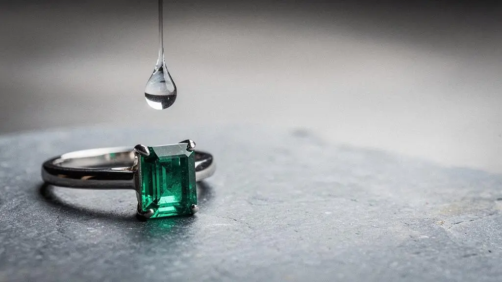 Anillo de esmeralda verde profundo iluminado suavemente sobre una superficie neutra, simbolizando fragilidad y cuidado diario