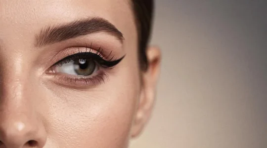 Primer plano editorial de un ojo femenino con un delineado sutil que realza la mirada sin cerrarla visualmente.