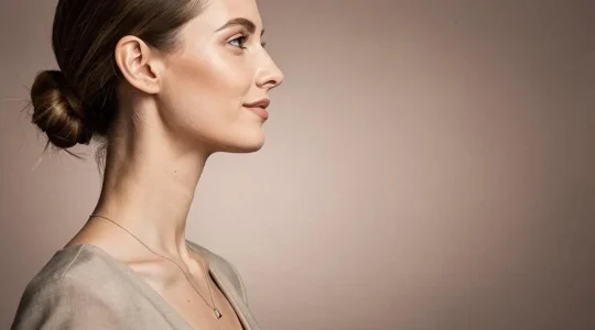 Mujer elegante luciendo una gargantilla fina que realza la longitud natural de su cuello en un retrato editorial