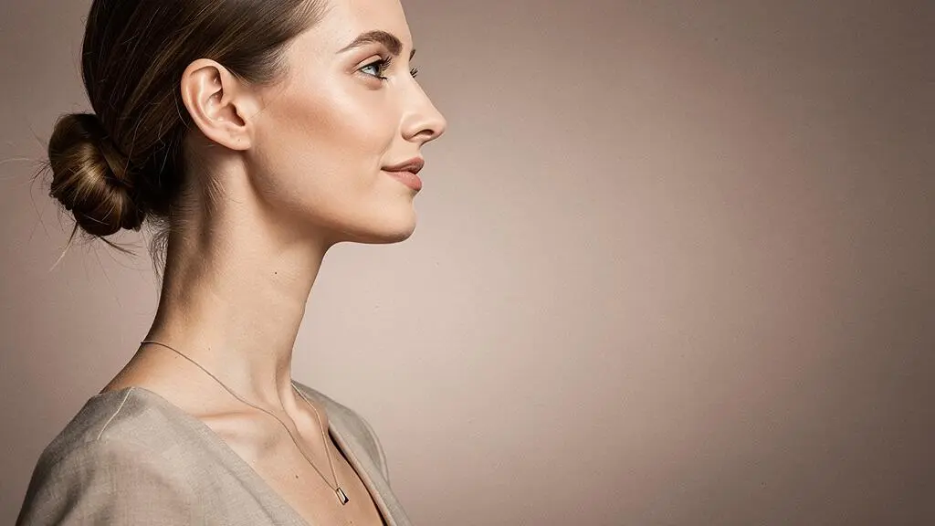 Mujer elegante luciendo una gargantilla fina que realza la longitud natural de su cuello en un retrato editorial
