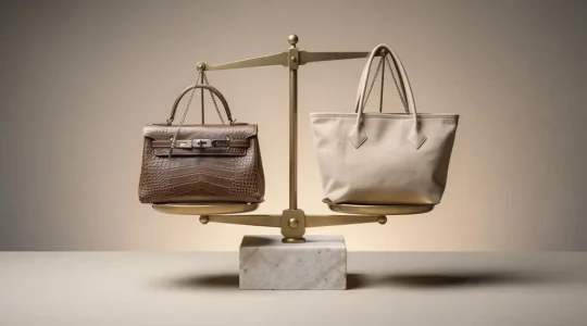 Dos accesorios de moda, uno de cuero premium y otro sencillo, en equilibrio sobre una balanza minimalista que simboliza la decision entre calidad e inversion economica