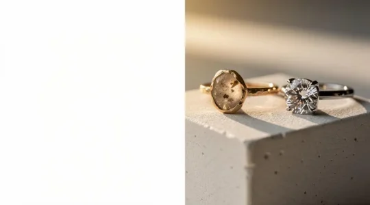 Comparación editorial entre un anillo artesanal único de textura orgánica y una réplica industrial de acabado perfecto, simbolizando la pregunta sobre el valor añadido