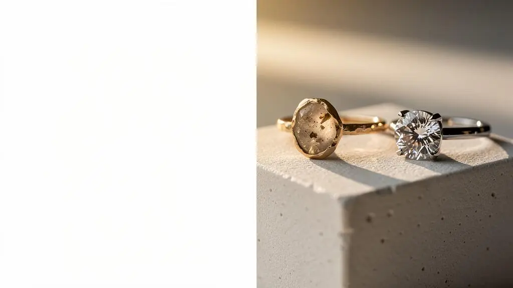 Comparación editorial entre un anillo artesanal único de textura orgánica y una réplica industrial de acabado perfecto, simbolizando la pregunta sobre el valor añadido