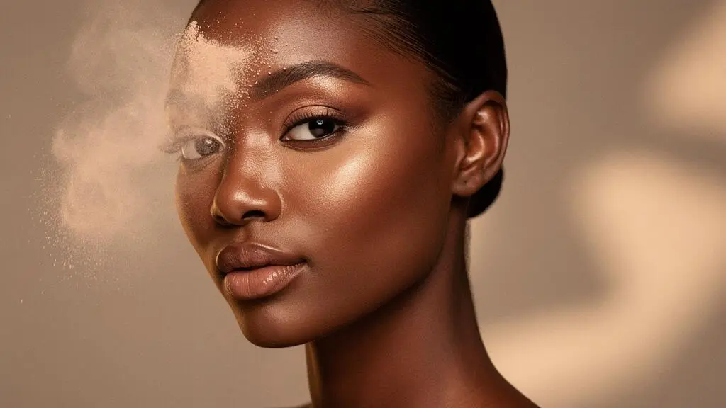 Rostro de mujer con piel morena luciendo un maquillaje luminoso, uniforme y sin efecto ceniza