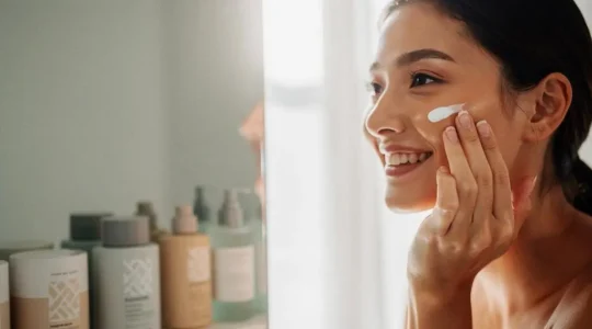 Mujer aplicando protector solar en el rostro como parte de su rutina diaria de belleza