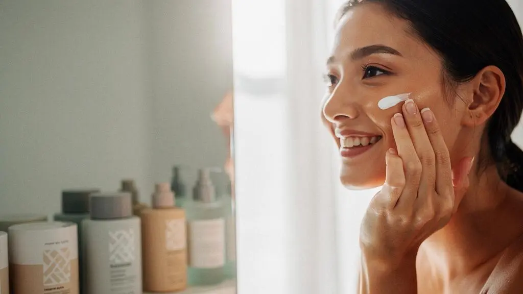 Mujer aplicando protector solar en el rostro como parte de su rutina diaria de belleza