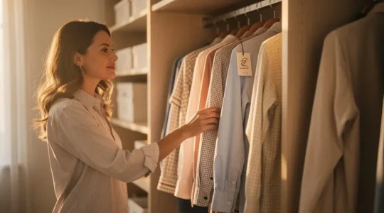 Mujer eligiendo con seguridad un conjunto de ropa en un vestidor luminoso y ordenado por la mañana