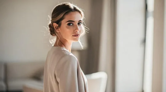 Mujer con un recogido elegante y natural que luce impecable durante todo el día sin efecto rígido
