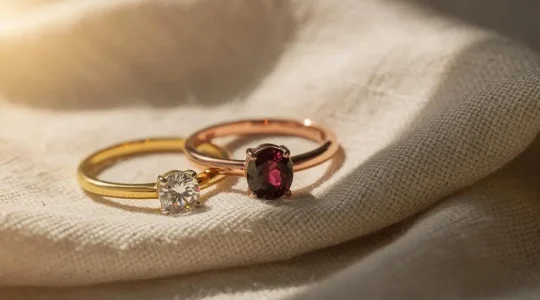 Anillo con gema de color colocado junto a una alianza clásica de diamante, simbolizando la eleccion de una piedra preciosa para un momento vital importante