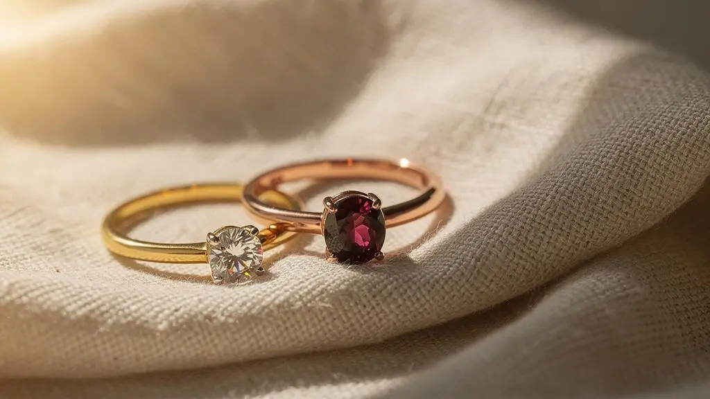 Anillo con gema de color colocado junto a una alianza clásica de diamante, simbolizando la eleccion de una piedra preciosa para un momento vital importante