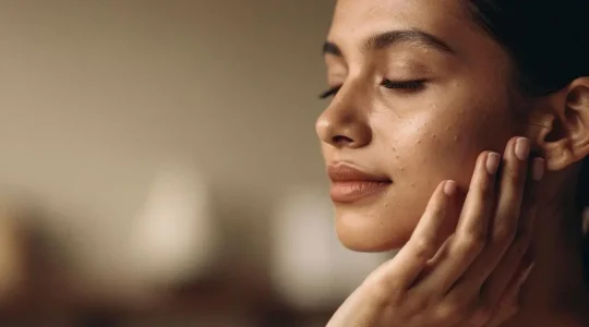 Rostro con piel sana y luminosa en primer plano, simbolizando el equilibrio cutáneo sin brotes