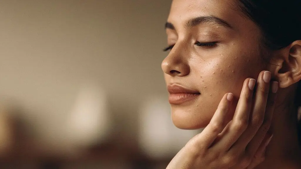 Rostro con piel sana y luminosa en primer plano, simbolizando el equilibrio cutáneo sin brotes