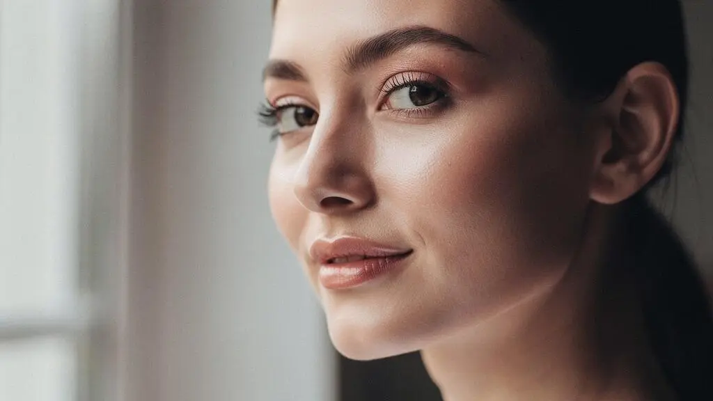 Rostro de mujer con piel radiante y saludable, sin maquillaje, iluminado por luz natural