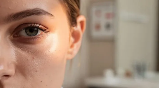 Primer plano editorial del contorno de ojos de una mujer mostrando el contraste entre piel con ojeras y piel corregida