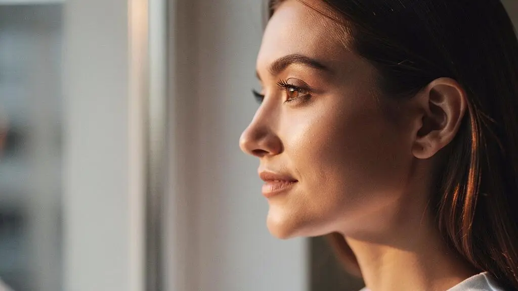 Rostro de mujer con piel luminosa y sana iluminada por luz natural suave, simbolizando la renovación celular equilibrada