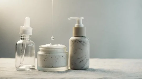 Composición editorial minimalista de pocos frascos de cuidado facial esenciales sobre una superficie neutra con luz natural suave