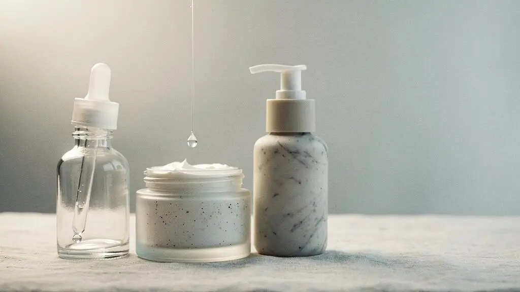 Composición editorial minimalista de pocos frascos de cuidado facial esenciales sobre una superficie neutra con luz natural suave