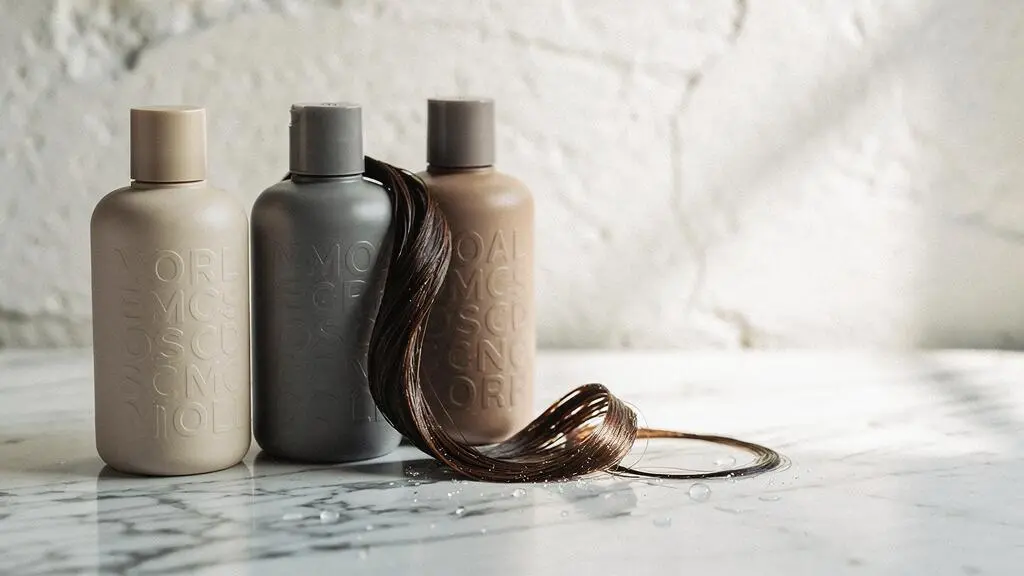 Composición editorial de frascos de champú, acondicionador y mascarilla junto a un mechón de cabello húmedo, representando la elección personalizada del cuidado capilar