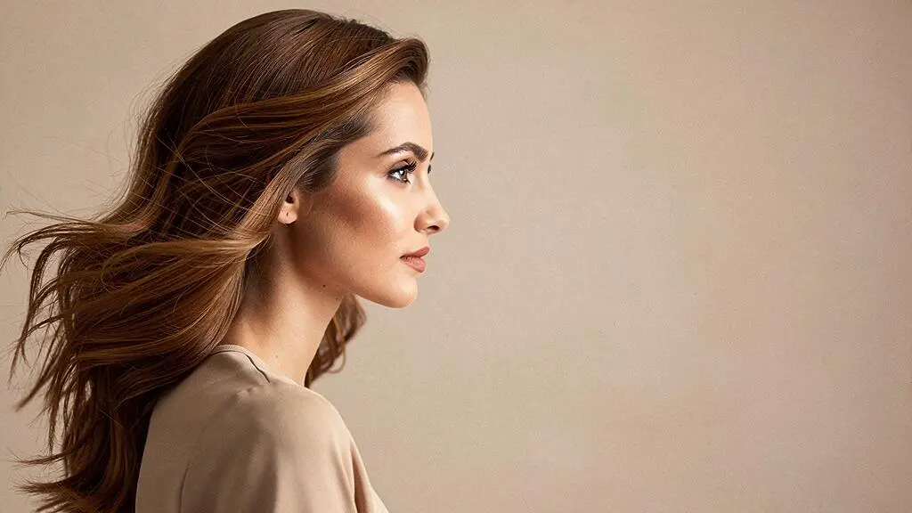 Mujer con cabello teñido de forma saludable, mostrando brillo natural y color uniforme en un ambiente editorial luminoso