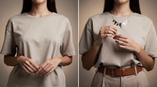 Composición editorial que muestra la transformación de un look básico a uno sofisticado mediante accesorios estratégicos como joyas y un cinturón.