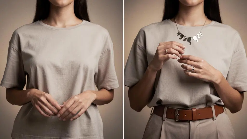 Composición editorial que muestra la transformación de un look básico a uno sofisticado mediante accesorios estratégicos como joyas y un cinturón.