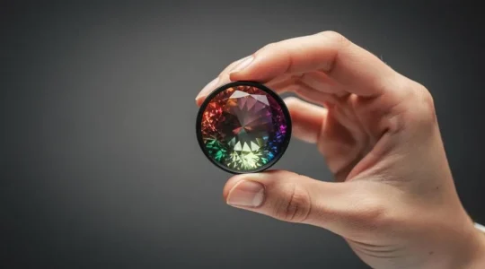 Joyero examinando de cerca una gema preciosa de color azul con una lupa profesional sobre fondo neutro