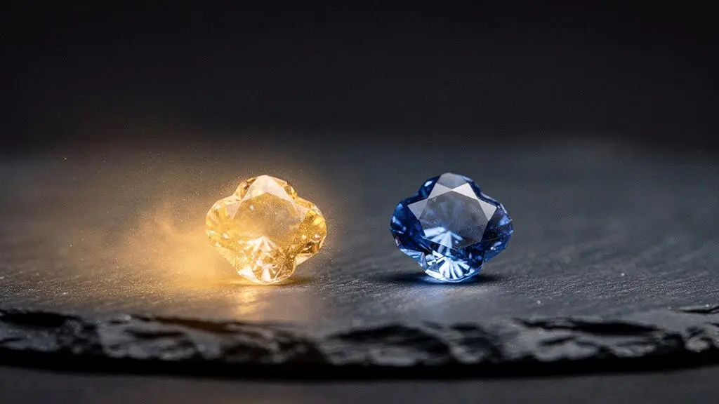 Dos zafiros azules de tamaño similar iluminados de forma contrastante, simbolizando la diferencia de valor entre origenes geograficos